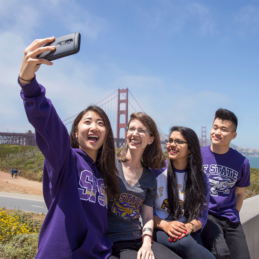 International students take a selfie at the Golden Gate Bridge