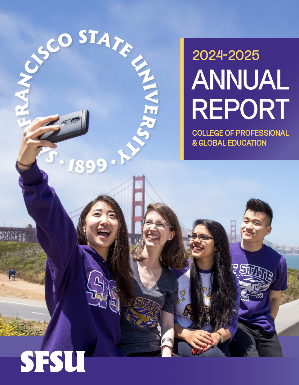 International students take a selfie at the Golden Gate Bridge. Annual Report 2024-2025.