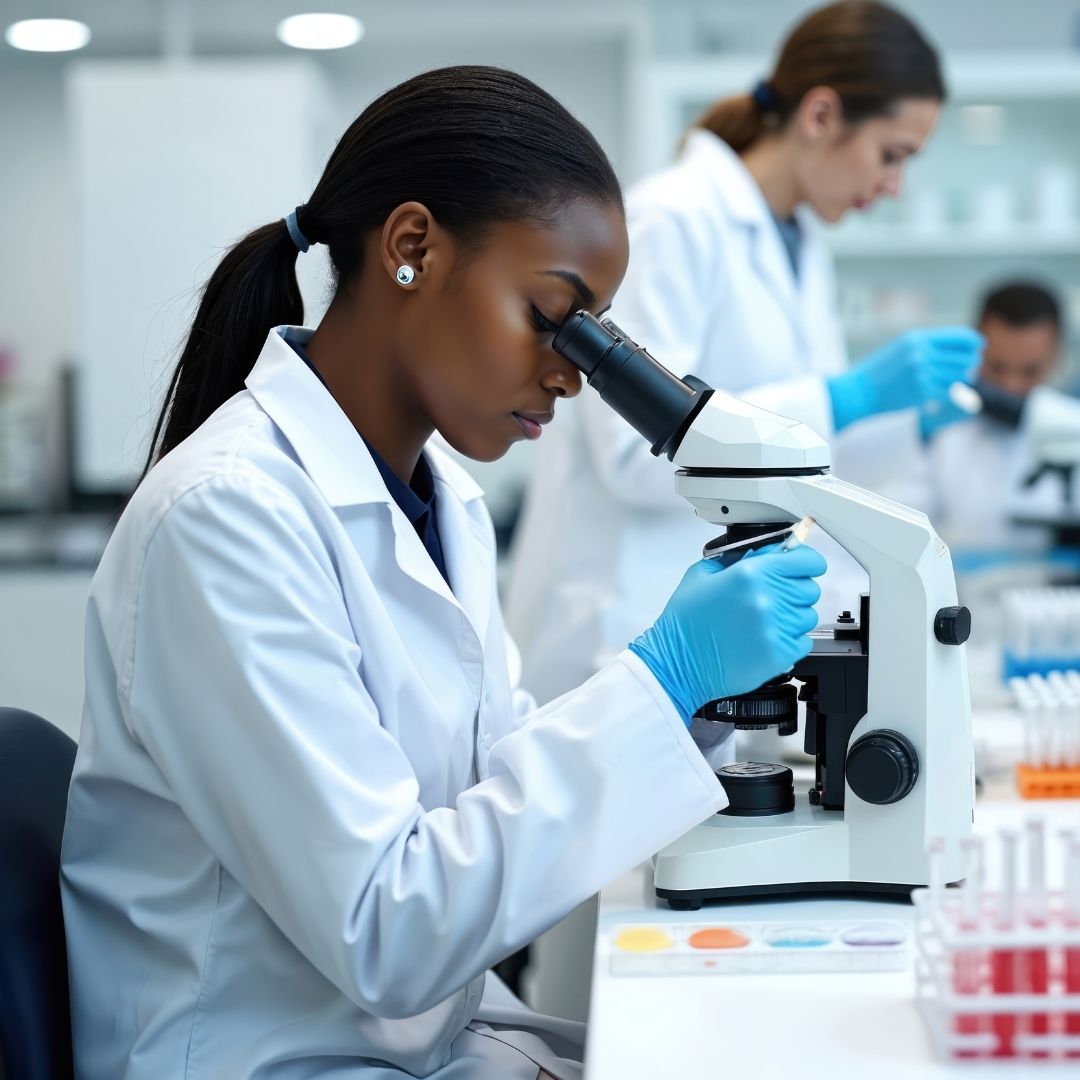 Scientists working with microscopes in the hematology lab