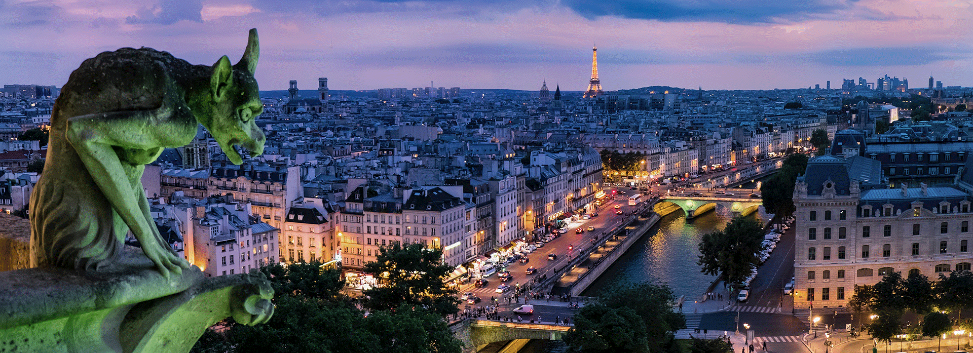 Next to the gargoyles, a high vantage point view of Paris with a purple sky