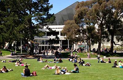 Students enjoying the SF State campus lawn