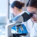 Clinical lab scientist looking into microscope