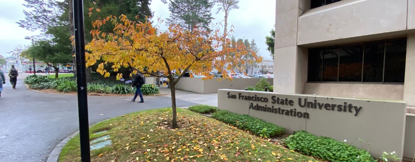 Fall leaves on a tree and the ground outside of the Administration building